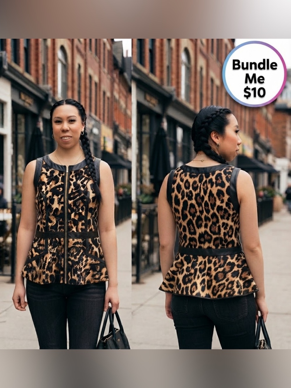 Chic Leopard Print Faux-Leather Trim Peplum Top